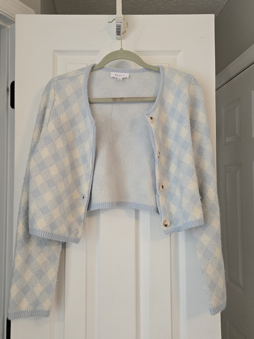 MARBLE Light Blue & Cream Cropped Check Cardigan